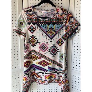 LuLaRoe XS Short Sleeve Swing Tee White Aztec Geo Print Colorful